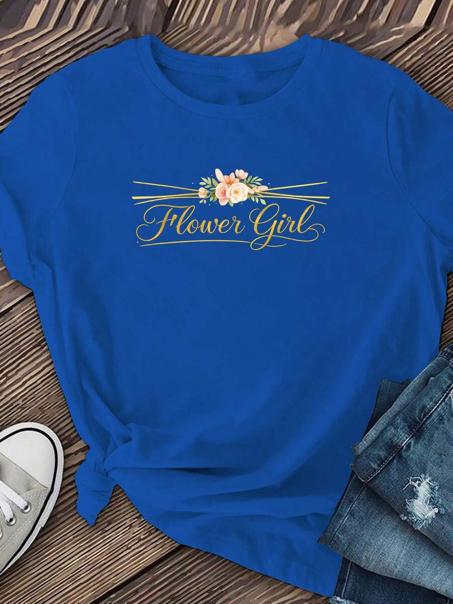 Classic And Elegant T-Shirt With A Gold Floral Print, Round Neck, And Short Sleeves. Regular Length And Casual Style, Ideal For University Life, Shopping, And Everyday Wear. A Bestseller. - 藍色 - 查看 1