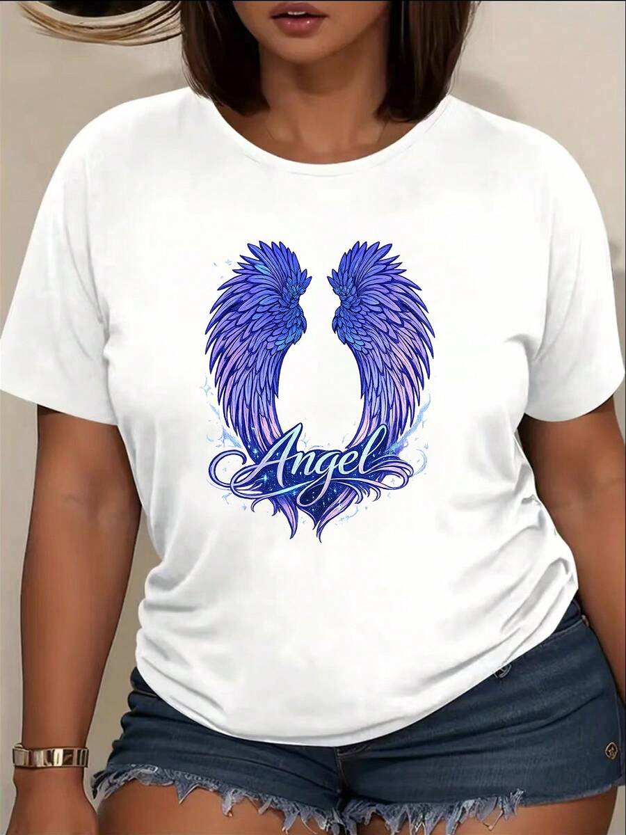 ClassicAngel Dreamy Space Style Angel Wing Print Short Sleeve T-Shirt For Women, Spring/Summer Crew Neck Regular Length, Suitable For Autumn/Winter Essential Layering, Best-Selling Item. - 白色 - 查看 1
