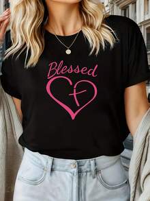 [Heart-Shaped Cross T-Shirt] Black, Loose Fit, Short Sleeves, With A Pink Letter Print, Elegant And Versatile, Reflects Faith And Individuality, Suitable For Everyday Wear And As A Gift. Women's Blouses, Women's Summer Graphic Tees, Women's Casual Printed T-Shirt, Short Sleeves And Round Neck, Local Spring/Summer Urban Fashion. - 黑色 - 查看 7