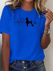 SummerLa camiseta cómoda para mujer Graphic Tees presenta la silueta de un Pomerania con líneas que simulan los latidos del corazón, y está hecha de 100% algodón.Fashion All-match Women's Short Sleeve T-shirt, Basic Style for Inner & Outer Wear - Azul - Ver 8