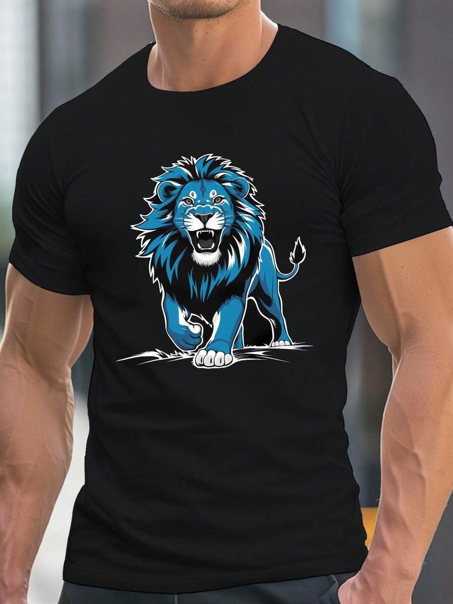 Camiseta casual de hombre, de corte holgado, con estampado de un león rugiente azul, 100% poliéster, cuello redondo, mangas cortas, tejido de punto ligeramente elástico, corte regular para el verano, adecuada para el uso diario. - Negro - Ver 1
