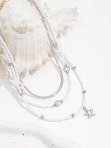 3pcs Ins Style Shell & Starfish Necklace Set, Fashion Versatile Multi-Layer Beaded Necklace For Beach Vacation - Silver - View 3