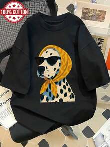 short-sleeveRopa de primavera/verano para mujer, estilo pintado a mano, estampado dálmata, pañuelo para la cabeza, gafas de moda, a la moda, corte holgado, manga corta, cuello redondo, estampado, camiseta de gran tamaño con hombros caídos, SuKCuello Redondo Algodón Tejido Suave Manga Corta Transpirable y Fresca Unisexo100% Cotton - Negro - Ver 7