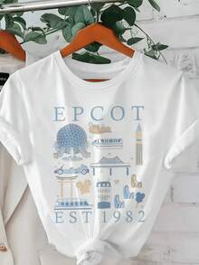 Icono emblemático de Epcot y año. Camiseta de manga corta para mujer - estampado divertido de dibujos animados, cuello redondo, casual y versátil - lavable a máquina, ropa de mujer a la moda, tela cómoda y transpirable, adecuada para el uso diario, estilo sencillo y limpio. - Blanco - Ver 1