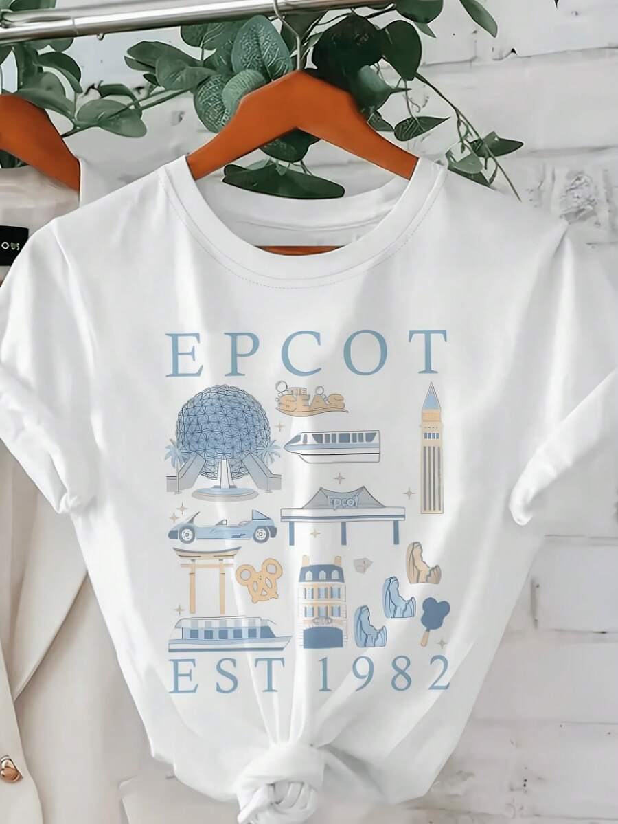Icono emblemático de Epcot y año. Camiseta de manga corta para mujer - estampado divertido de dibujos animados, cuello redondo, casual y versátil - lavable a máquina, ropa de mujer a la moda, tela cómoda y transpirable, adecuada para el uso diario, estilo sencillo y limpio. - Blanco - Ver 1