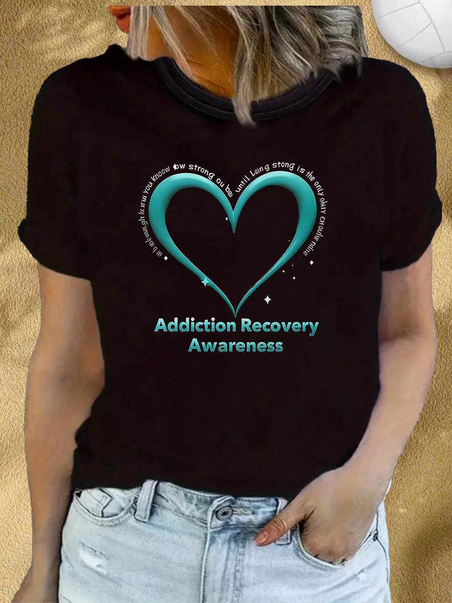 Camiseta de color verde azulado con diseño de corazón para la conciencia sobre la ación, apoyo para la salud mental y eie de la sobriedad. Diseño artístico de sol y luna, camiseta suave y transpirable de cuello redondo para uso casual, manga corta.