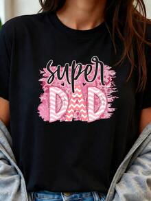 Camiseta con Estampado 'Super Papá', Manga Corta, Cuello Redondo, Ropa de Mujer, Diseño de Dibujos Animados Lindo, Moderno y Personalizado, Regalo para el Día del Padre, Atuendo Familiar, Estilo Urbano, Casual y Versátil, Regalo Especial para el Día del Padre, Tela Cómoda y Transpirable, Adecuada - Negro - Ver 1
