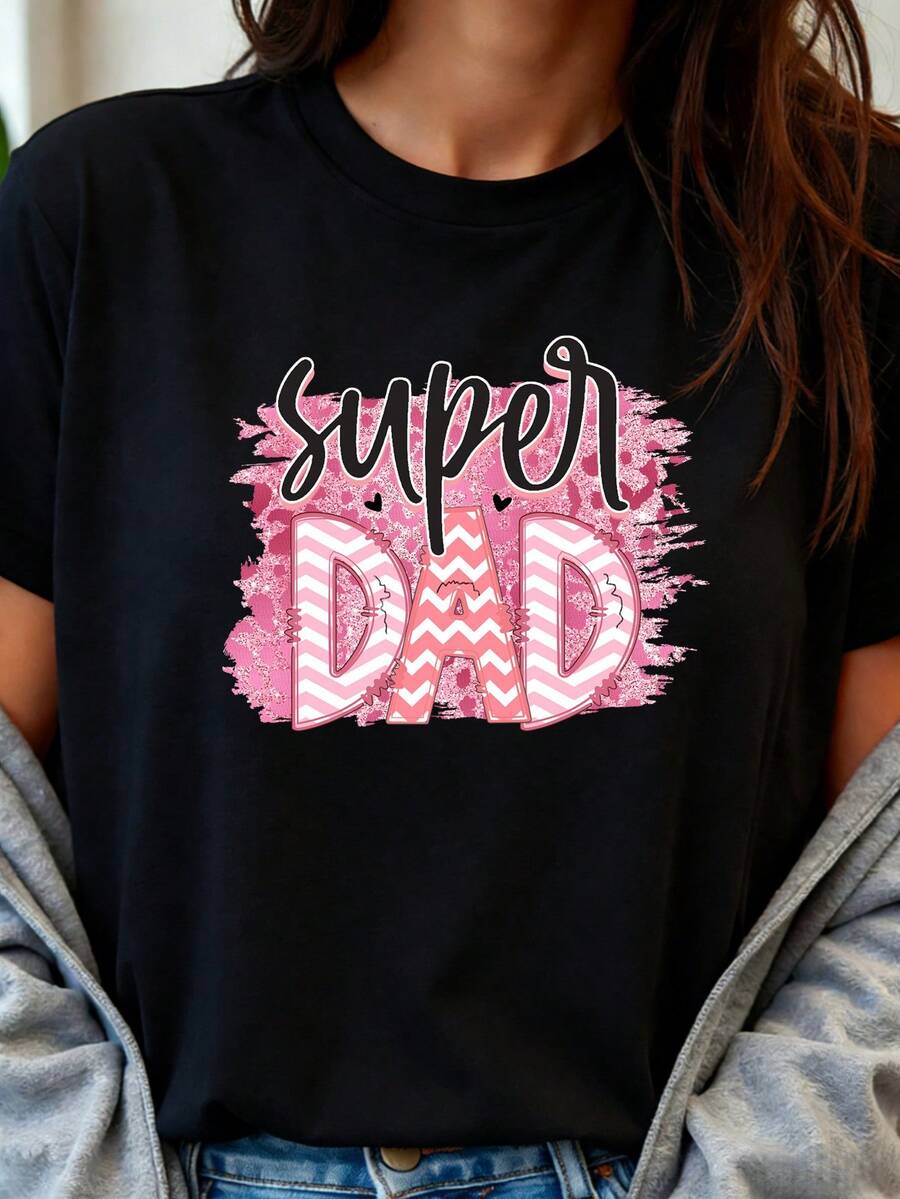 Camiseta con Estampado 'Super Papá', Manga Corta, Cuello Redondo, Ropa de Mujer, Diseño de Dibujos Animados Lindo, Moderno y Personalizado, Regalo para el Día del Padre, Atuendo Familiar, Estilo Urbano, Casual y Versátil, Regalo Especial para el Día del Padre, Tela Cómoda y Transpirable, Adecuada - Negro - Ver 1