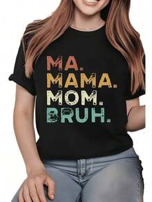 Camiseta genial con estampado gráfico casual MAMABRUH - Camiseta de manga corta casual para mujer, 1 pieza de algodón grueso - Cuello redondo cómodo, camisetas suaves y a la moda. - Negro - Ver 1