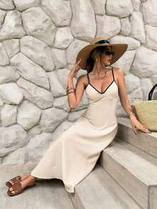 Vestido de tirantes casual de vacaciones con detalles en contraste para mujer - Albaricoque - Ver 8
