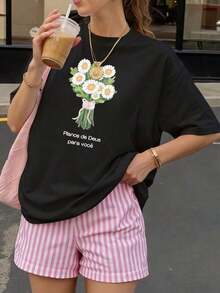 PremiumBreak The SystemFashion T-Shirt With Daisy Bouquet Front Print And "Deus Para Voce" Text, Comfortable Casual Wear For Everyday Outings, Crew Neck Loose Fit T-Shirt, - 黑色 - 查看 7