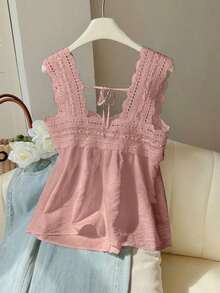 Blusa sin mangas de verano para mujer, de unicolor con parches de encaje - Rosa - Ver 2