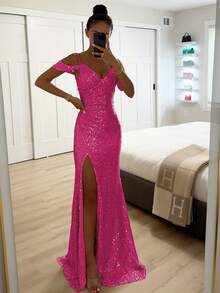 Strapless Sequined Dress With Open Cut, Casual Style For Spring And Autumn - Hot Pink - View 2