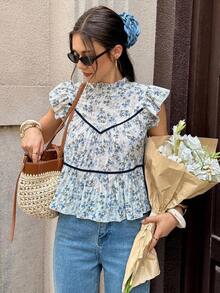 Blusa de mujer con cuello con volantes, mangas cortas y cintura con lazo, con estampado floral ditsy para vacaciones - Multicolor 2 - Ver 3