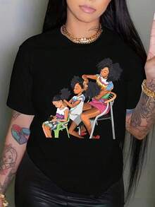Camiseta Casual con Estampado de Figuras para Mujer - Cuello Redondo Elegante, Mangas Cortas para Primavera y Verano - Ropa de Moda Ligera y Cómoda - Negro - Ver 7