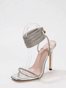 European And American Fashion Sexy Super High Heel Women's Sandals, Rhinestone Decor Snake-Shaped Rhinestone Sandals, Silver Super High Heel Square Toe Sandals For Party And Evening - Silver - View 8