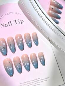24 piezas de uñas postizas de almendra azul degradado con cobertura completa, brillantes, uñas falsas con corazón y estrella de strass, puntas de uñas falsas reutilizables - Multicolor - Ver 10