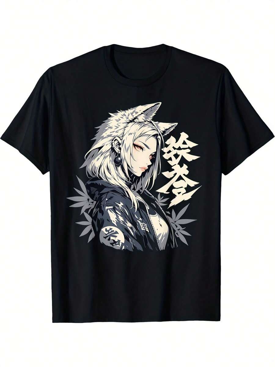 Unisex T-Shirt Made Of Pure Cotton, Men's & Women's Gothic Anime Wolf Japanese Kanji Dark Gothic Grunge Unisex 100% Cotton T-Shirt Soft, All Season Casual Streetwear Essential, All-Match All Season Style, Affordable Daily Wear & Perfect Gift For Fans And Friends, Summer T-Shirt, Summer Clothes Women's, Men's Summer Outfit, Women's Shirt, Creative Design, Outdoor Play, Cool Style, Fun Design, Great For Outdoor Play, Creative Design, Outdoor Play, Cool Style, Fun Design, Great For Outdoor Play - Black - View 1
