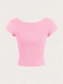 2 piezas Parte superior corta de cuello redondo y espalda descubierta de manga corta, apropiada para el verano, para mujeres sexy - Multicolor 8 - Ver 3