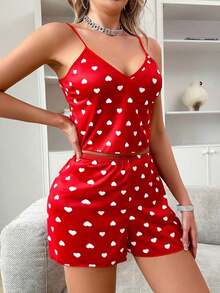 2 piezas Conjunto de pijama, Camiseta y pantalones cortos sexy para mujer, estampado total, decoración de corazón, ropa de dormir casual de verano, conjunto de verano, blusa de pijama linda, conjunto de 2 piezas, ropa de casa, vuelta al colegio, conjunto, Navidad - Rojo - Ver 4