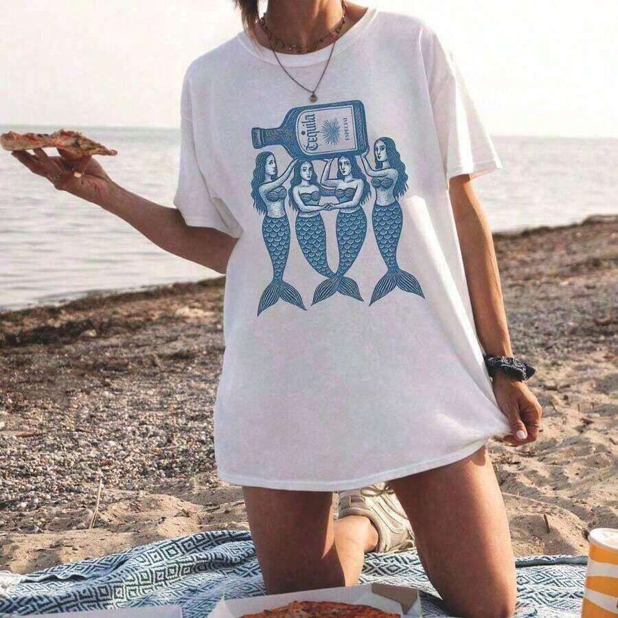 Camiseta Básica Mexicana de Talla Grande para Mujer, Nueva Moda Casual de Verano 2026, Envío Local, Camisetas Gráficas MERMAID Sardine Shirt |       Camisa de playa MARGARITA |       Viaje de chicas con estética de pescador |       Camiseta La Dolce Vita |     Estética de Amalfi |     Camiseta Coastal Drinking 100% Algodón Nuevo Lanzamiento - Blanco - Ver 1