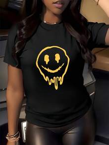 Rostro sonriente amarillo con líneas que se derriten simbolizando energía positiva y actitud relajada camiseta de mujer casual moderna cómoda para uso diario - Negro - Ver 1