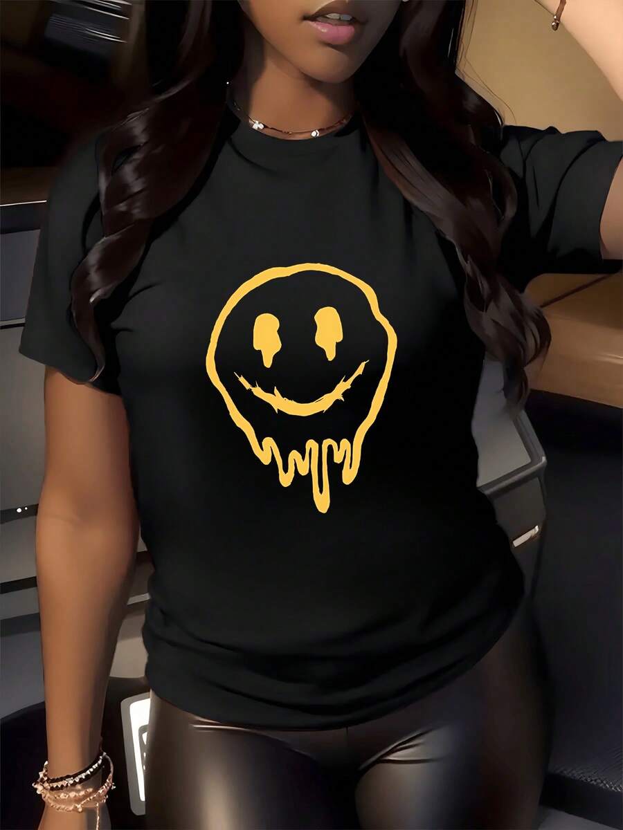 Rostro sonriente amarillo con líneas que se derriten simbolizando energía positiva y actitud relajada camiseta de mujer casual moderna cómoda para uso diario - Negro - Ver 1