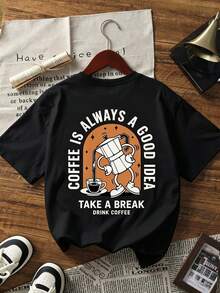 Camiseta de manga corta con cuello redondo y estampado de taza de café, sencilla y a la moda, versátil y adecuada para el uso diario de mujeres en verano. - Negro - Ver 2