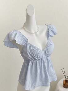 Top corto de camisola con escote bajo y espalda descubierta, con manga tipo gorra y volantes en azul, diseño sexy - Azul - Ver 1