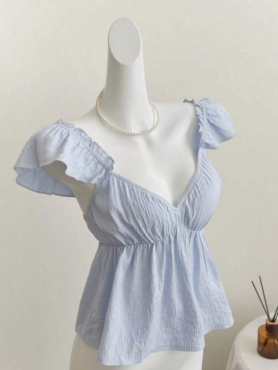 Top corto de camisola con escote bajo y espalda descubierta, con manga tipo gorra y volantes en azul, diseño sexy - Azul - Ver 1