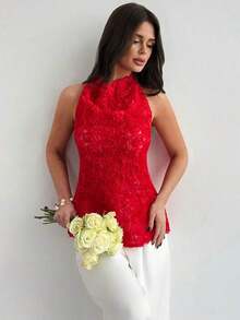 negra ajustada de estilo casual y elegante para la temporada de primavera/verano, con cuello asimétrico, sin mangas, escote halter, espalda descubierta y decoración de lazo - Burdeos - Ver 6