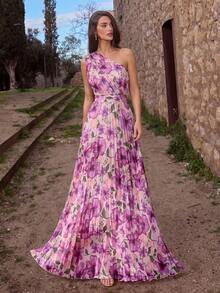 Faeriesty Vestido formal elegante con estampado floral, diseño de un solo hombro con falda plisada - Vestido de lujo adecuado para fiestas de jardín, desfiles de moda modernos, galas elegantes y sesiones de fotos con estilo, esencial para bodas de vacaciones - Rosa - Ver 4