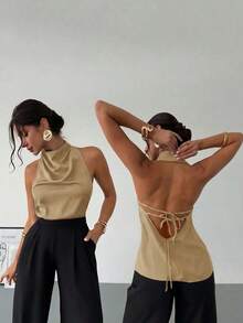 negra ajustada de estilo casual y elegante para la temporada de primavera/verano, con cuello asimétrico, sin mangas, escote halter, espalda descubierta y decoración de lazo - Caqui 2 - Ver 9