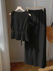 Conjunto de 2 piezas casual para mujer con top de cuello en V y pantalones en punto liso negro - Negro - Ver 2