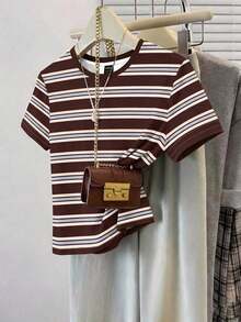 Frenchy Camiseta de mujer de manga corta, cuello redondo, ajustada y minimalista, adecuada para primavera/verano, con estampado de rayas rosa y marrón - Multicolor 3 - Ver 10