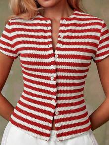 Cárdigan rojo casual para mujer - Rojo y blanco - Ver 7