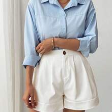 Women's Summer Casual Solid Color Loose Shorts - Blanco - Ver 5