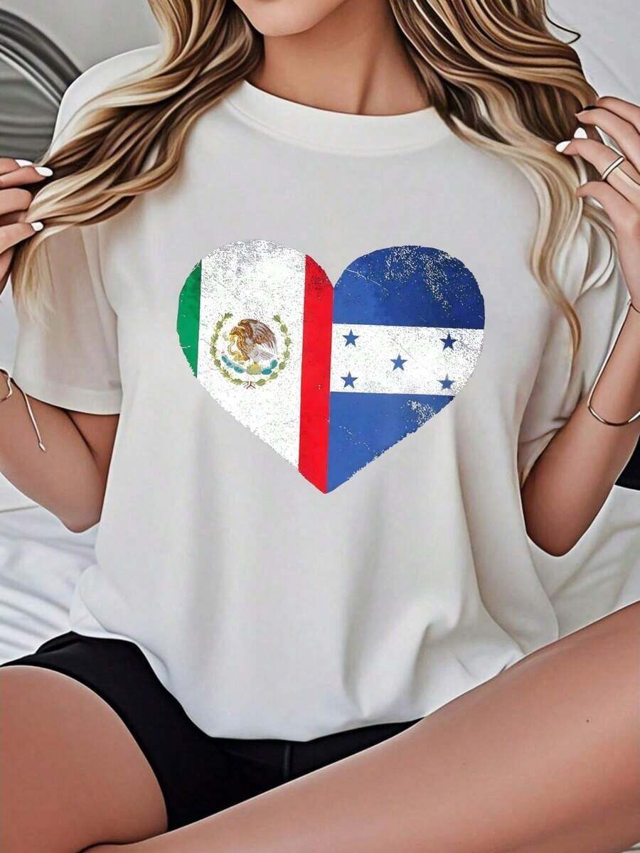 Fashion Printed T‑Shirts for Women, Oversized Streetwear Tops, Comfortable and Stylish All‑Match Summer TeesCamiseta de mujer de corte holgado, opciones de color negro y blanco, camiseta gráfica con estampado de corazón de la bandera deéxico y Honduras, s casuales de verano para mujeres, camisetas gráficas, atuendos de verano para mujeres, camisetas gráficas, s cortos para mujeres, s para mujeres, ropa vintage de algodón linda, atuendo de Navidad para mujeres, vestidos elegantes para mujeres, ropa de invierno para mujeres, s para mujeres, atuendo de Navidad para mujeres, blusa, camisas para mujeres - Blanco - Ver 1