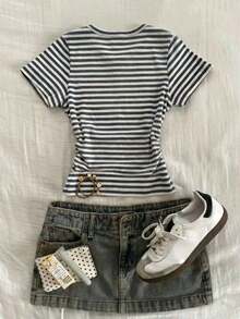 Camiseta de rayas que afina la cintura para mujer, de estilo casual y versátil para el día a día y la moda, para el verano - Multicolor - Ver 2
