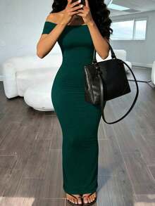 Vestido elegante de unicolor con hombros descubiertos y mangas cortas ajustado para mujer - Verde Oscuro - Ver 5