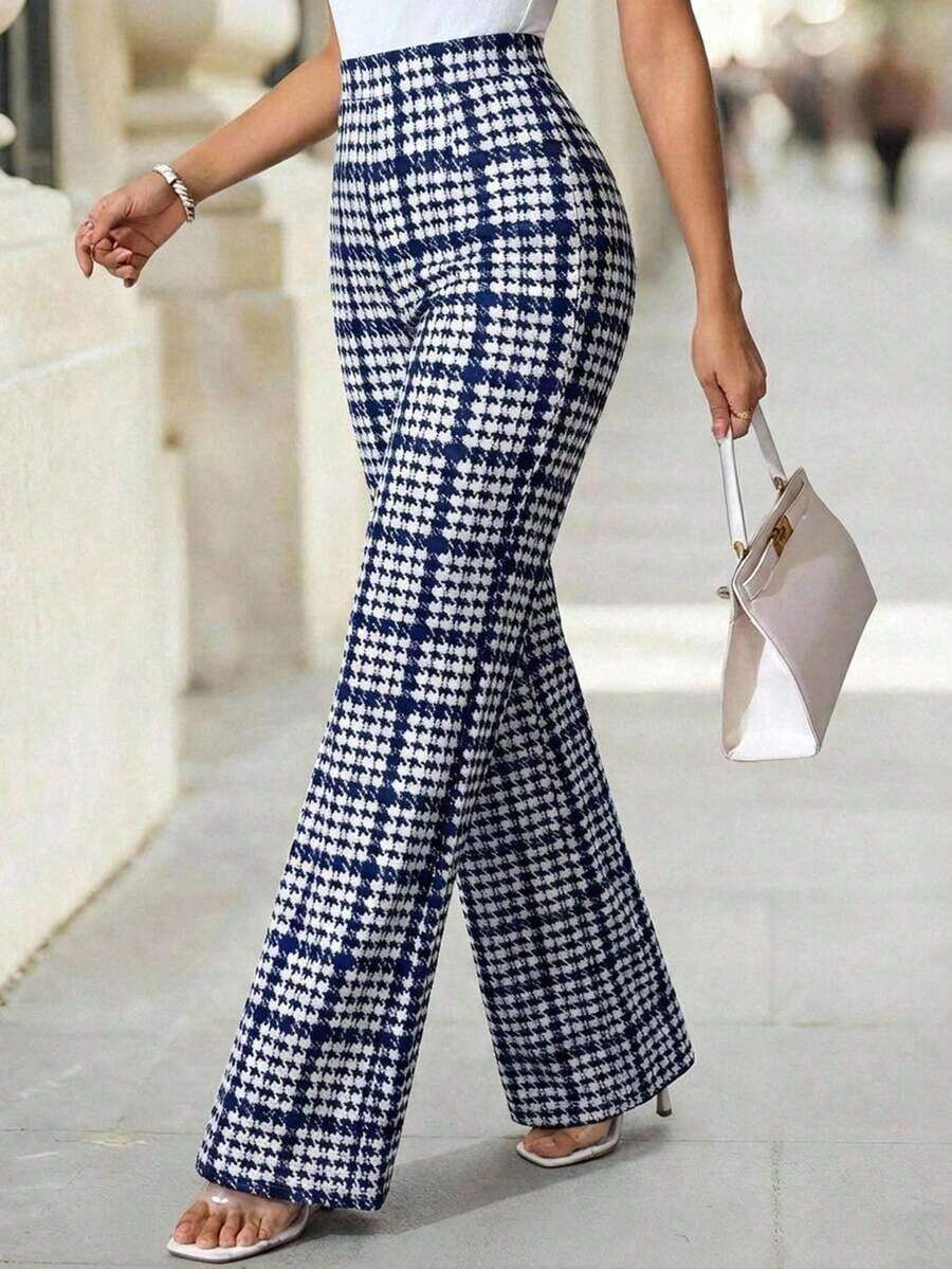 Pantalones elásticos de punto con estampado de cuadros elegantes para mujer, adecuados para varias ocasiones, como vacaciones de verano, viajes elegantes y uso diario - Azul y blanco - Ver 1