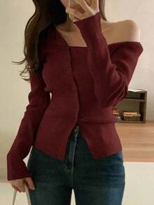 Blusa casual de mujer de punto acanalado con botones y manga corta - Burdeos - Ver 1