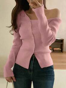 Blusa casual de mujer de punto acanalado con botones y manga corta - Rosa 3 - Ver 1