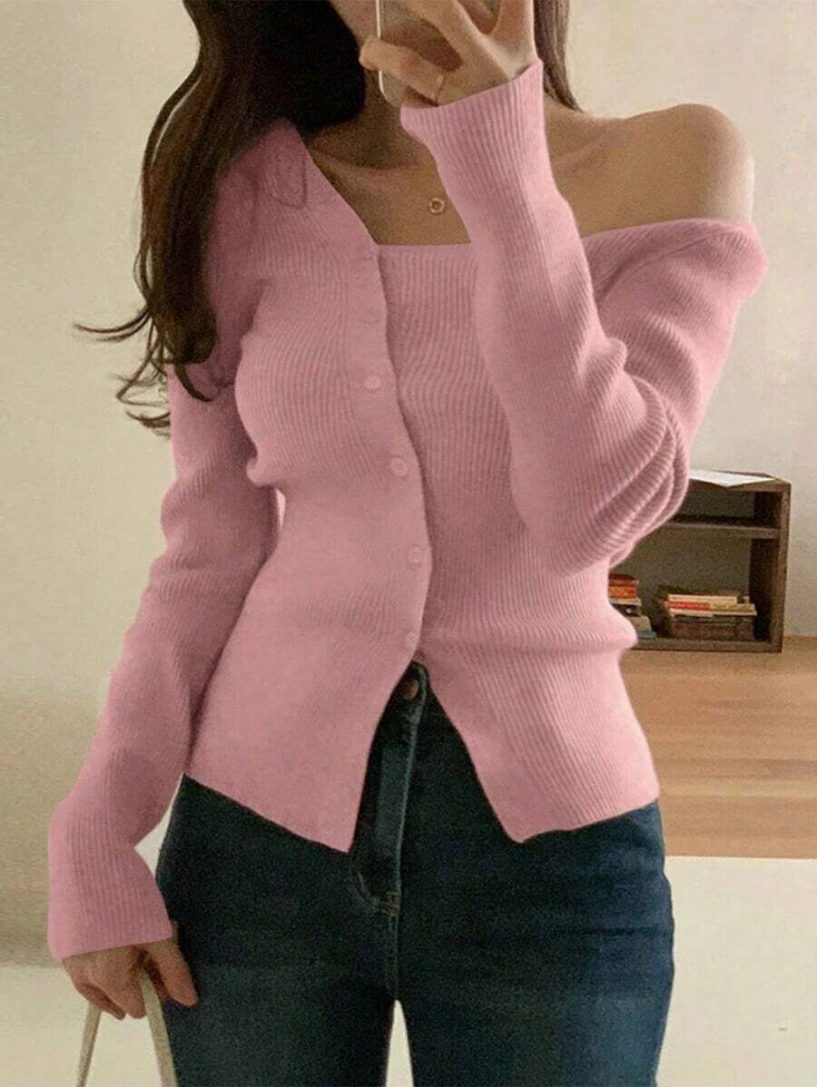 Blusa casual de mujer de punto acanalado con botones y manga corta - Rosa 3 - Ver 1