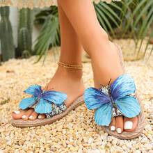 New Versatile Women Summer Strap Flat Sandals With Bow Decor, Suitable For Beach And Indoor Wear - Blue - View 3