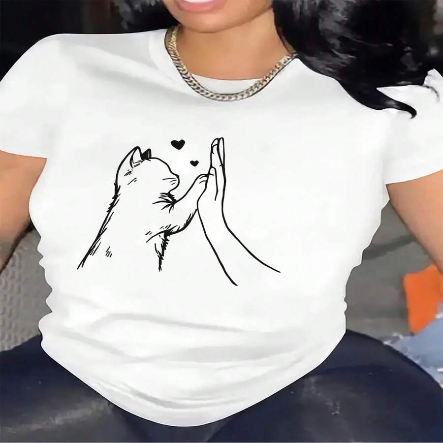 Camiseta de manga corta de poliéster, ideal para usar en casa o en la sala de estar, con un bonito dise?o de gato, duradera y cómoda, una opción ideal para uso casual, hecha de tela suave, una prenda elegante y ligera para el día a día. - Blanco - Ver 1