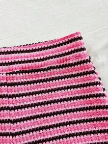 2 piezas Conjunto de top corto a rayas y shorts de cintura alta para mujer, adecuado para vacaciones, citas, té de la tarde, playa, crucero, viaje a la ciudad, festival de música, estilo bohemio de playa - Rosa Fucsia - Ver 5