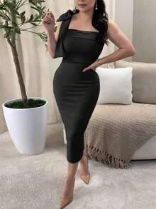 Vestido de mujer de moda sin mangas con lazo en el cuello, vestido ajustado negro, vestido de verano de mujer, vestido de fiesta romántico de mujer, vestido elegante de mujer, sexy y elegante, adecuado para baile, fiesta, cita, reunión, hogar, vestido sexy de mujer - Negro - Ver 5