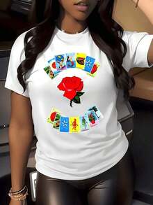 1 Piece Women's Vintage Style T-Shirt With Lottery Rose Graphic Print, 220g, Crew Neck, 100% Cotton, Urban Style - 白色的 - 查看 8