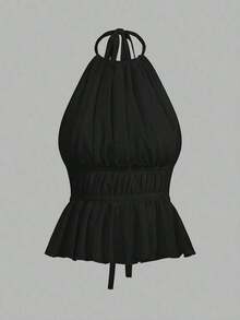 Top de mujer con cuello de halter, espalda descubierta y pliegues de unicolor y sexy - Multicolor 2 - Ver 3